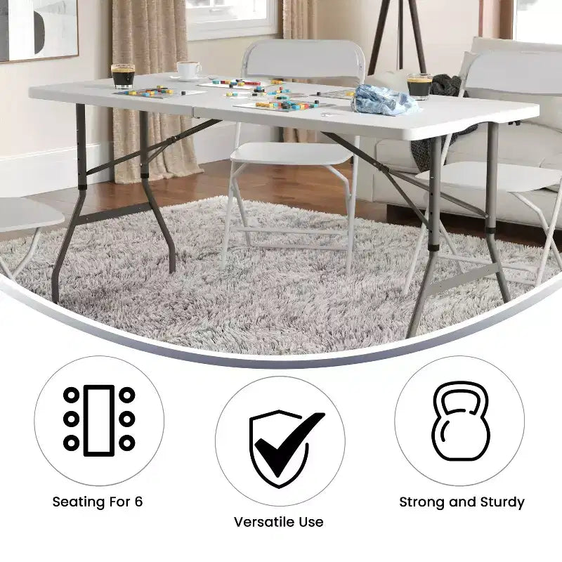 Table pliante de banquet et d'événement en plastique blanc granit, pliable, réglable en hauteur (1,5 m), avec poignée de transport
