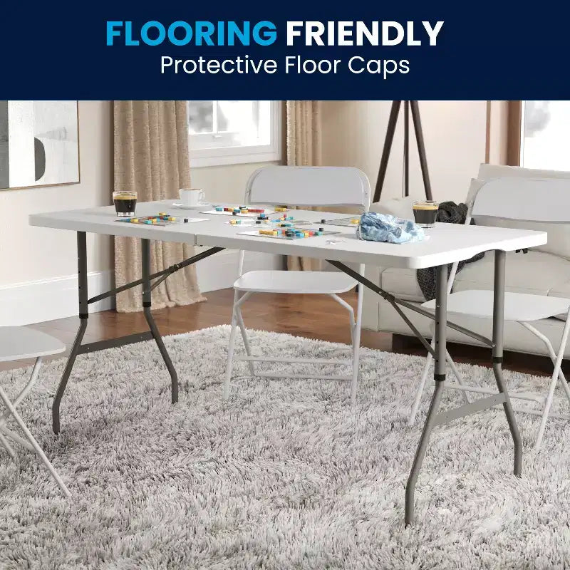 Table pliante de banquet et d'événement en plastique blanc granit, pliable, réglable en hauteur (1,5 m), avec poignée de transport
