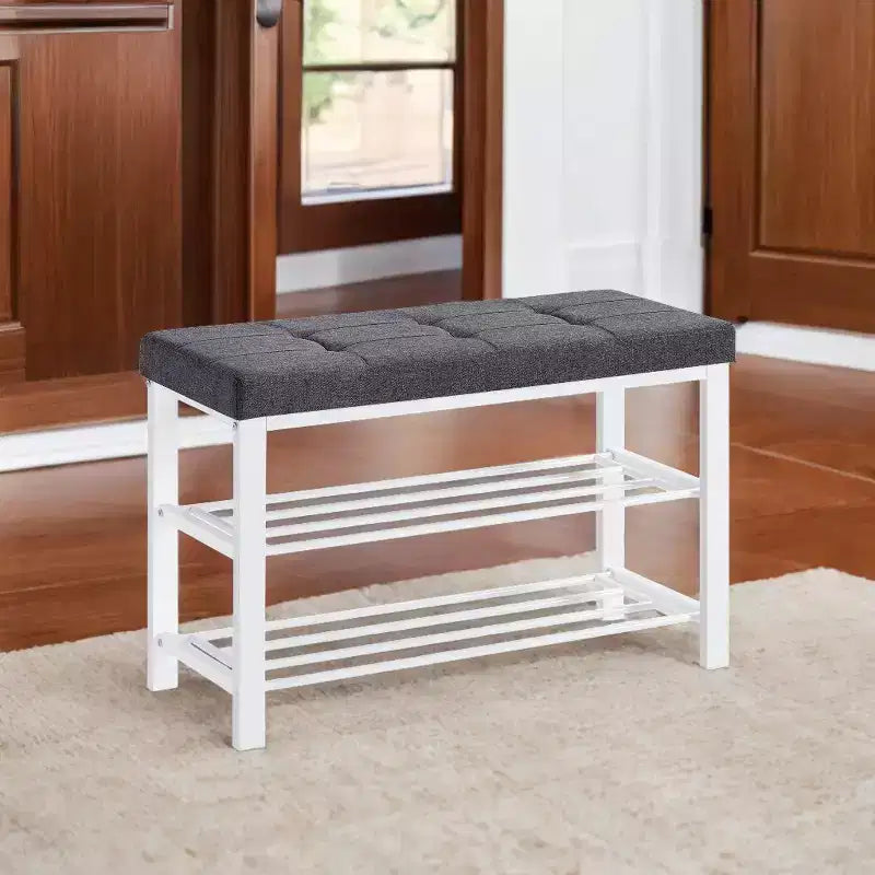 Banc à chaussures, Banc de rangement, Banc d'entrée avec coussin, Étagère à chaussures avec siège, Organisateur de rangement avec siège rembourré en mousse, Lin et cadre en métal
