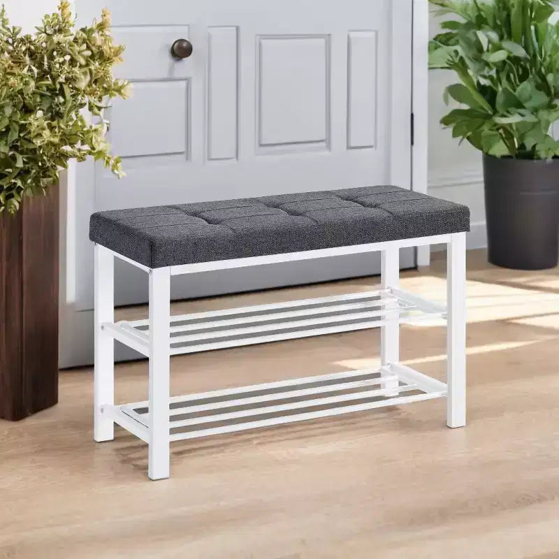 Banc à chaussures, Banc de rangement, Banc d'entrée avec coussin, Étagère à chaussures avec siège, Organisateur de rangement avec siège rembourré en mousse, Lin et cadre en métal