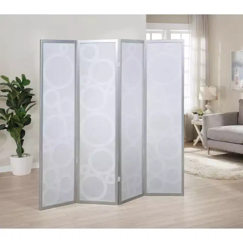Paravent en bois à 4 panneaux avec motifs circulaires, argenté