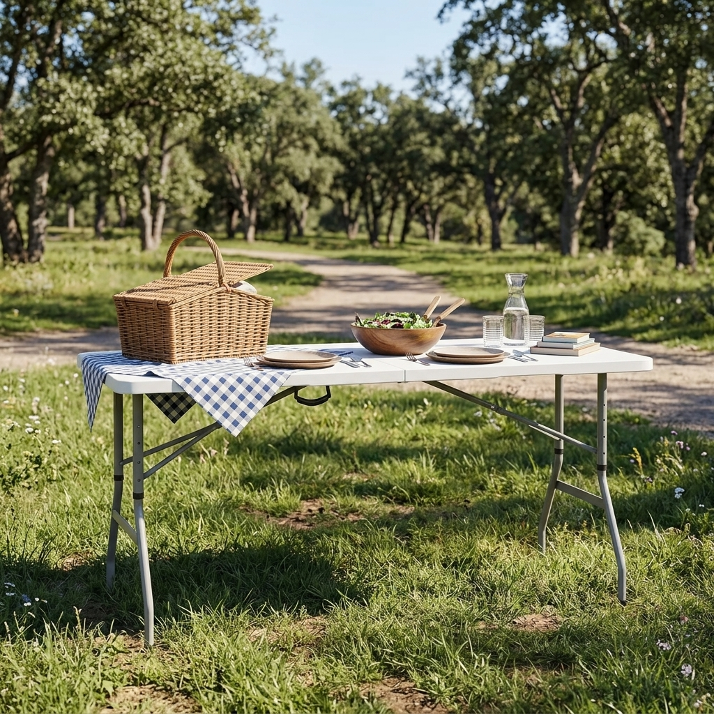 Table pliante de banquet et d'événement en plastique blanc granit, pliable, réglable en hauteur (1,5 m), avec poignée de transport